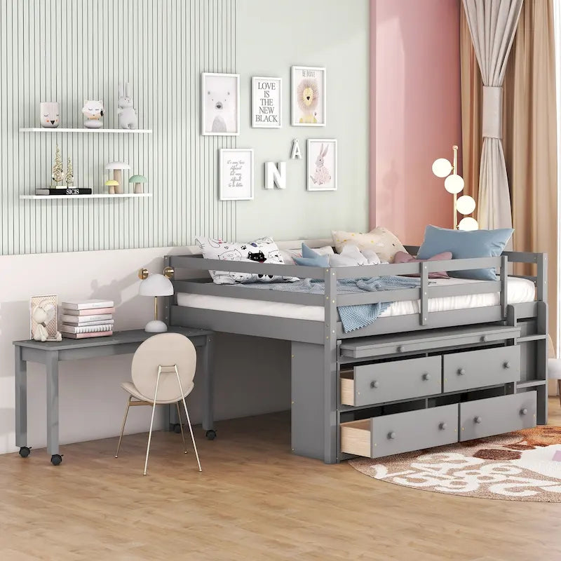 Full Size Loft Bed with Retractable Writing Desk and 4 Drawers, Wooden Loft Bed with Lateral Portable Desk and Shelves