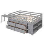 Full Size Loft Bed with Retractable Writing Desk and 4 Drawers, Wooden Loft Bed with Lateral Portable Desk and Shelves