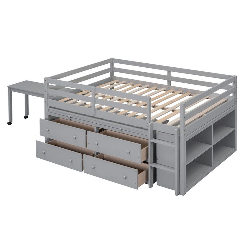 Full Size Loft Bed with Retractable Writing Desk and 4 Drawers, Wooden Loft Bed with Lateral Portable Desk and Shelves
