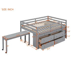 Full Size Loft Bed with Retractable Writing Desk and 4 Drawers, Wooden Loft Bed with Lateral Portable Desk and Shelves