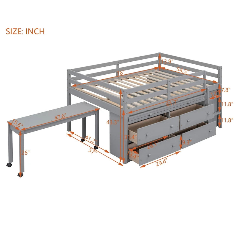 Full Size Loft Bed with Retractable Writing Desk and 4 Drawers, Wooden Loft Bed with Lateral Portable Desk and Shelves