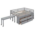 Full Size Loft Bed with Retractable Writing Desk and 4 Drawers, Wooden Loft Bed with Lateral Portable Desk and Shelves