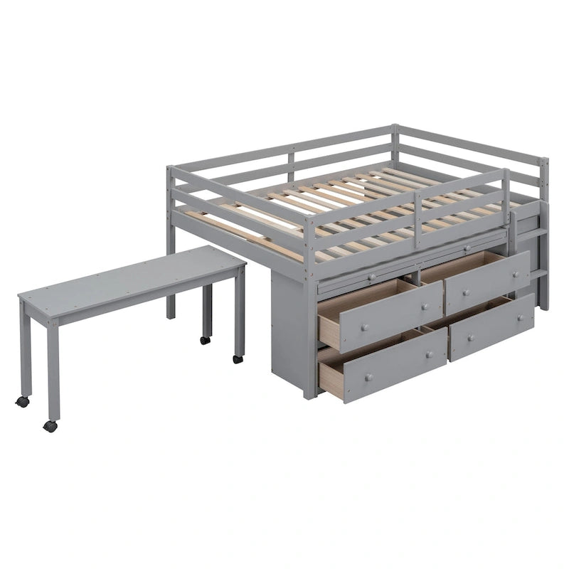 Full Size Loft Bed with Retractable Writing Desk and 4 Drawers, Wooden Loft Bed with Lateral Portable Desk and Shelves