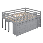 Full Size Loft Bed with Retractable Writing Desk and 4 Drawers, Wooden Loft Bed with Lateral Portable Desk and Shelves