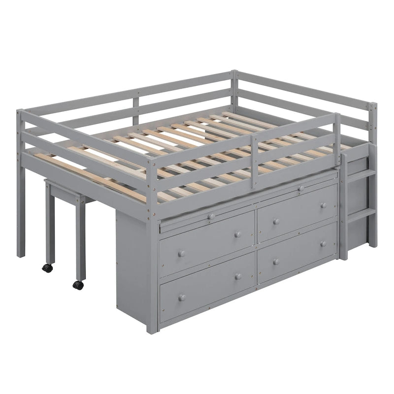 Full Size Loft Bed with Retractable Writing Desk and 4 Drawers, Wooden Loft Bed with Lateral Portable Desk and Shelves