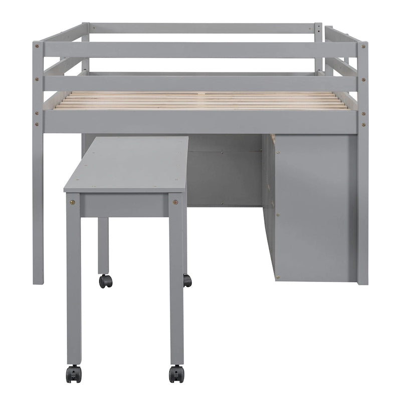 Full Size Loft Bed with Retractable Writing Desk and 4 Drawers, Wooden Loft Bed with Lateral Portable Desk and Shelves
