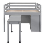 Full Size Loft Bed with Retractable Writing Desk and 4 Drawers, Wooden Loft Bed with Lateral Portable Desk and Shelves