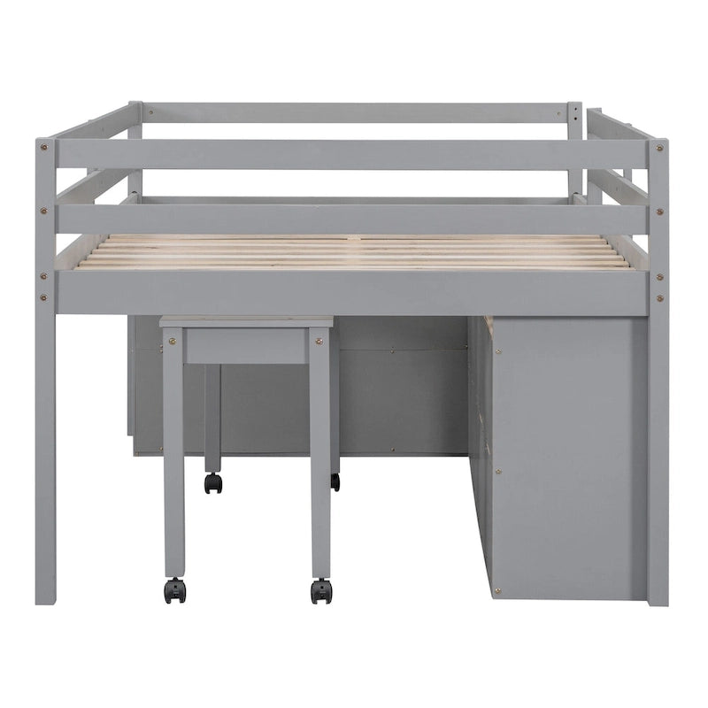 Full Size Loft Bed with Retractable Writing Desk and 4 Drawers, Wooden Loft Bed with Lateral Portable Desk and Shelves