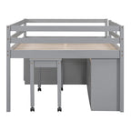 Full Size Loft Bed with Retractable Writing Desk and 4 Drawers, Wooden Loft Bed with Lateral Portable Desk and Shelves